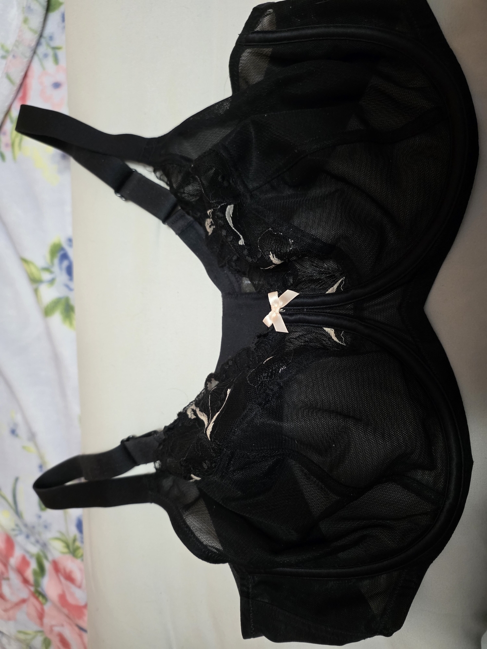 Sheer Lace Underwire Bra with Contrast Bow — Black